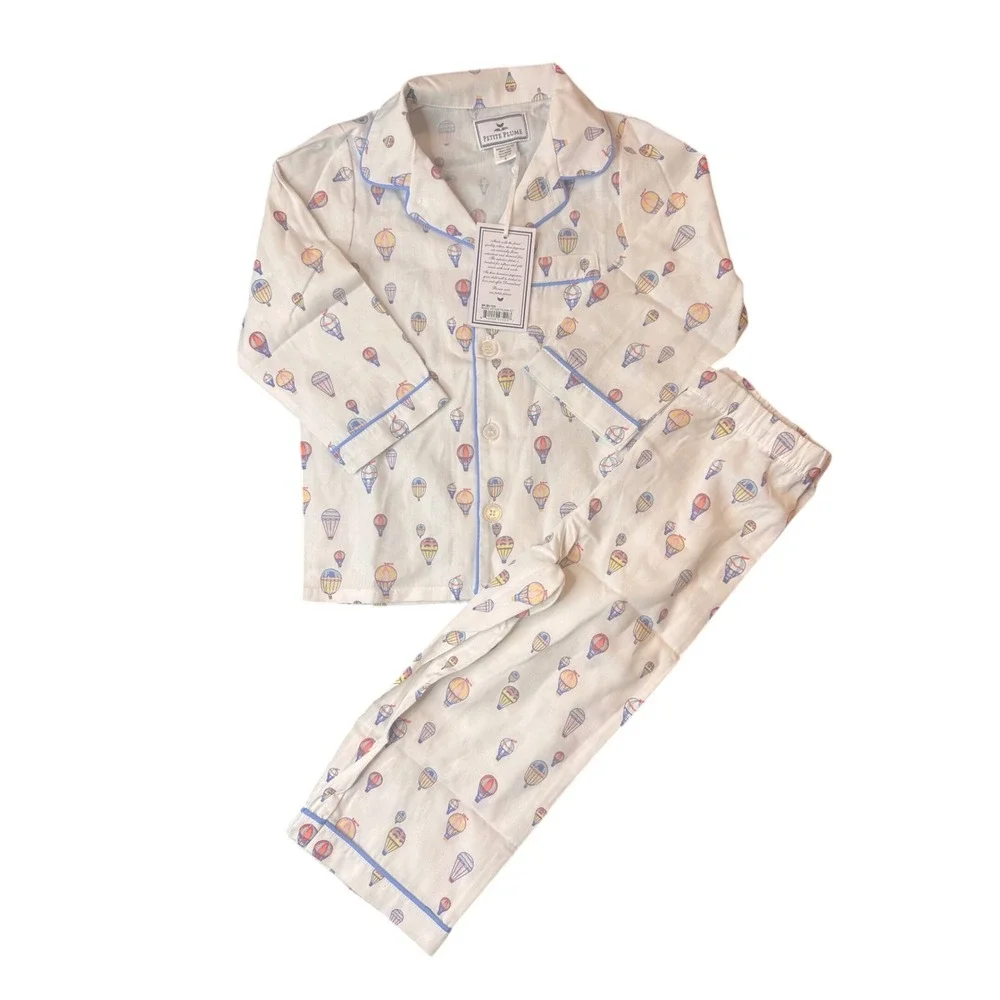 Petite Plume Boys Bonne Voyage Pajama Set Hot Air Balloon White Blue Size 3 NEW